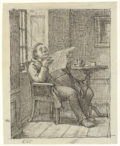 Ein dicker Herr, der Zeitung liest, mit seinem Kaffee
