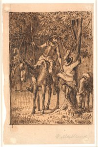 Vor dem Kampf mit dem Spiegelritter hilft Don Quixote Sancho Pansa auf einen Baum