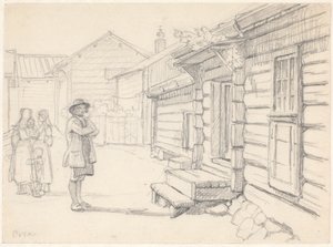 Straße in Orsa, Dalarne, mit zwei Frauen links und einem Kind und einem Mann von Wilhelm Marstrand