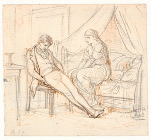 Innenraum mit melancholischem jungen Mann und einem Mädchen auf einem Bett von Wilhelm Marstrand