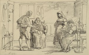 Interieur, wo ein junger Mann einem sitzenden Mönch etwas erklärt, rechts weinendes Mädchen und alte Frau von Wilhelm Marstrand