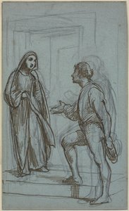 Frau kommt aus einer Tür und ein junger Mann empfängt sie von Wilhelm Marstrand
