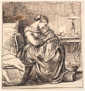 Mutter mit schlafendem Kind auf dem Schoß im Schlafzimmer