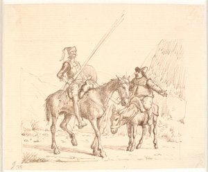 Sancho auf dem Esel erklärt Don Quixote etwas