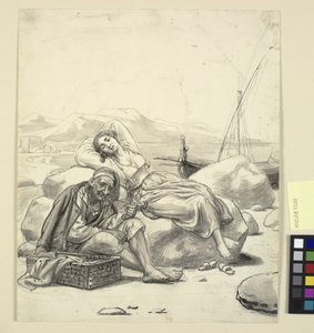 Schlafendes Mädchen und alter Fischer am Strand von Wilhelm Marstrand