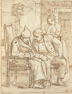 Zwei Männer im Gespräch, der alte links mit Nachtmütze. Außerdem eine Frau von Wilhelm Marstrand