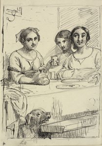 Drei Mädchen an einem Tisch, unter dem Tisch ein Hund von Wilhelm Marstrand