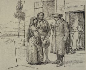Vor einem Haus ermahnt ein Priester ein junges Ehepaar von Wilhelm Marstrand