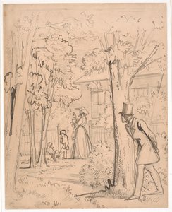 Junger Mann beobachtet im Garten die Geliebte (auf der Lauer) von Wilhelm Marstrand