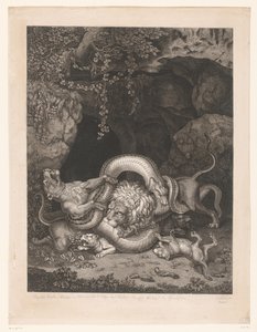 Löwe und Löwin schützen Welpen vor einer Schlange von Wilhelm Tischbein