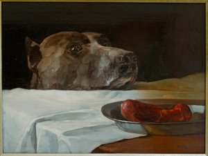 Dogge mit Wurstschüssel