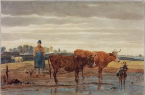 Bäuerin mit Weidevieh am Wasser