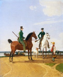 Jäger und Herr am Fluss Isar mit Blick auf München