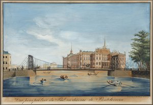 Ansicht der Kettenbrücke Panteleimonovsky und des Michailowski-Schlosses über die Fontanka in Sankt Petersburg von Wilhelm von Traitteur