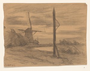 Landschaft mit Pfahl und Windmühle von Wilhelmus Johannes Steenhoff