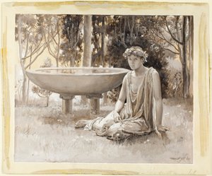 Die bewachte Nymphe, die auf dem Grün leicht lächelt