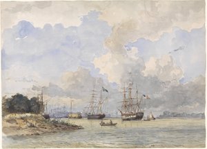 Maas vor Rotterdam, mit einem amerikanischen und schwedischen Schiff von Willem Anthonie van Deventer