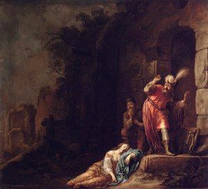Der Levit von Ephraim entdeckt den leblosen Körper seiner Geliebten, die von Banditen missbraucht wurde (Tod der Konkubine des Leviten)