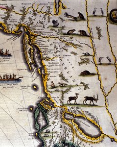 Geografische Karte des 17. Jahrhunderts aus dem niederländischen Atlas von Wilhelm Blaeu (1571-1638), die amerikanische und kanadische Gebiete zeigt. Der Norden ist unten gemäß mittelalterlicher Gewohnheit. von Willem Blaeu