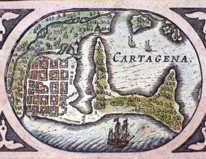 Ansicht von Cartagena in Kolumbien (Südamerika). Detail einer Karte des Atlas „Le Theatre du Monde“ von Willem Janszoon Blaeu (1571-1638) von Willem Blaeu