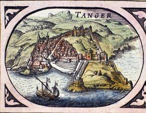Ansicht der befestigten Stadt Tanger und der Küste, Marokko. Karte aus dem niederländischen Atlas von W. G. Blaeu, Amsterdam