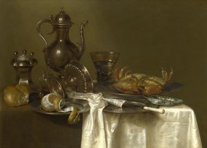 Stillleben: Zinn-, Silbergefäße und eine Krabbe, ca. 1636