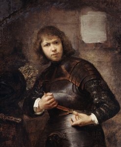 Ein Soldat, stehend, dreiviertel Länge, schnallt seinen Gürtel von Willem Drost