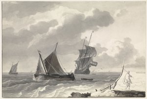 Segelschiffe auf stürmischem Wasser vor der Küste von Willem Gruyter jr.