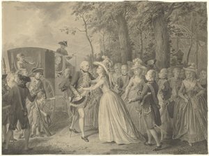 Begegnung von Prinzessin Wilhelmina mit ihrem Bruder König Friedrich III. von Preußen in Kleve, 1788 von Willem Joseph Laquy