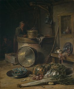 Bauerninterieur mit Frau an einem Brunnen, um 1642-43 von Willem Kalf