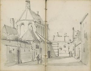 Dorfstraße mit einer Kirche und Figuren von Willem Koekkoek
