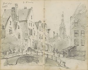 Stadtansicht mit einer Brücke über einen Kanal und einem Kirchturm von Willem Koekkoek