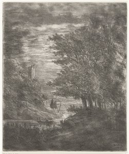 Hügellandschaft mit Ruine und Boot auf Wasser bei Mondlicht