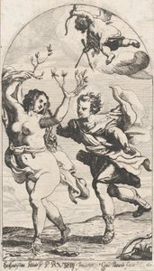 Daphne flieht vor Apollo, mit Amor darüber