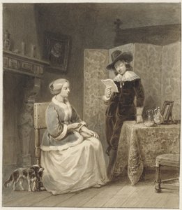 Historisches Interieur mit sitzender Frau und stehendem, lesendem Mann