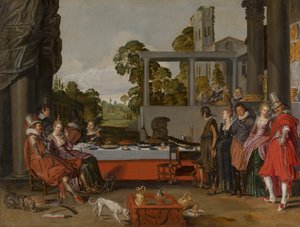 Fröhliche Gesellschaft auf einer Terrasse, 1616-17