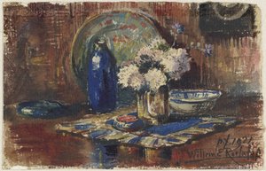 Stillleben mit blauer Flasche und Vase mit Blumen von Willem Roelofs (II)
