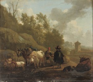 Ein Kuhhirte und Rinder in einer italienischen Landschaft