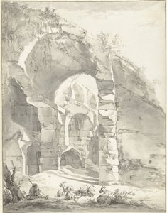 Ruine mit einem Hirten und Schafen links