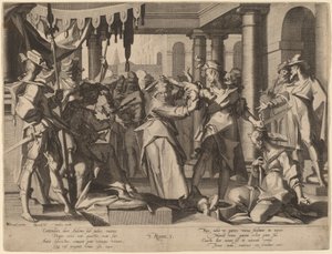 Das Urteil Salomos von Willem Swanenburgh after Joachim Anthonisz Wtewael