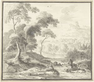 Idyllische Hügellandschaft mit Frauen an einem Bach von Willem Troost (I)