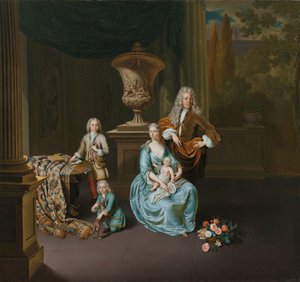 Diederik Baron van Leyden van Vlaardingen (1695-1764). Bürgermeister von Leiden, mit seiner Frau Sophia Dina de Rovere und ihren Söhnen Pieter, Jan und Adriaan Pompejus von Willem Van Mieris