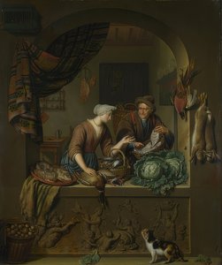Frau und Fischhändler in der Küche von Willem Van Mieris