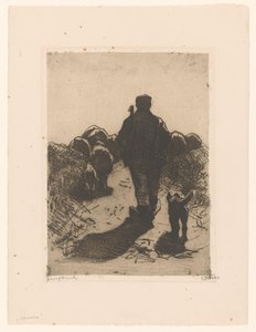 Schäfer mit Hund hinter seiner Herde
