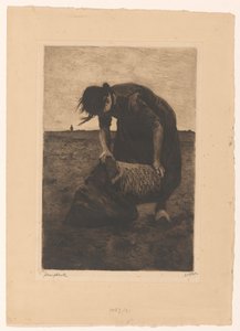Vorwärts gebeugte Kartoffelernterin mit einem Korb und Sack von Willem Witsen (signed by artist)