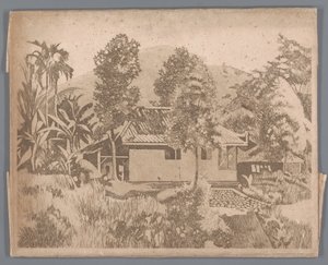 Haus mit dem Vulkan Salak(?) im Hintergrund, Buitenzorg von Willem Arnoldus Witsen