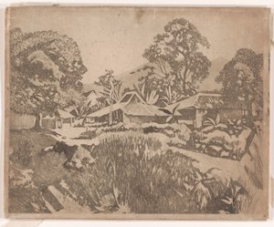 Häuser in der Kampong mit den Vulkanen Salak und Gedeh im Hintergrund, Buitenzorg von Willem Arnoldus Witsen