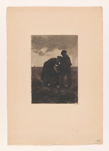 Frau und Junge in Holzschuhen mit einem Jutesack auf dem Feld (Aardappeloogst)
