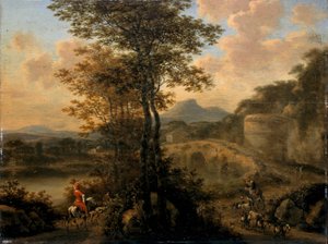 Italienische Flusslandschaft mit Steinbrücke, 1650
