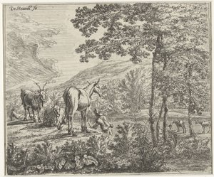 Landschaft mit einem Maultier und Ziegen